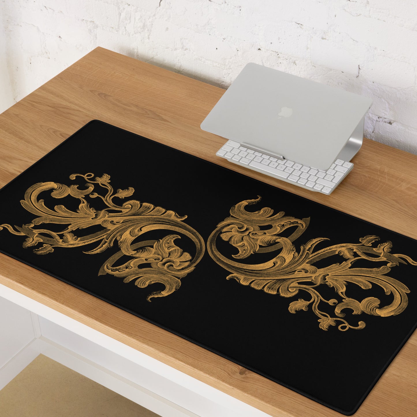 Art Nouveau Filigree Orange Black Desk Mat Large Laptop Gaming Mouse Pad 36″ × 18″