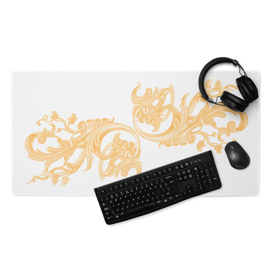 Art Nouveau Filigree Orange White Desk Mat Large Laptop Gaming Mouse Pad 36″ × 18″