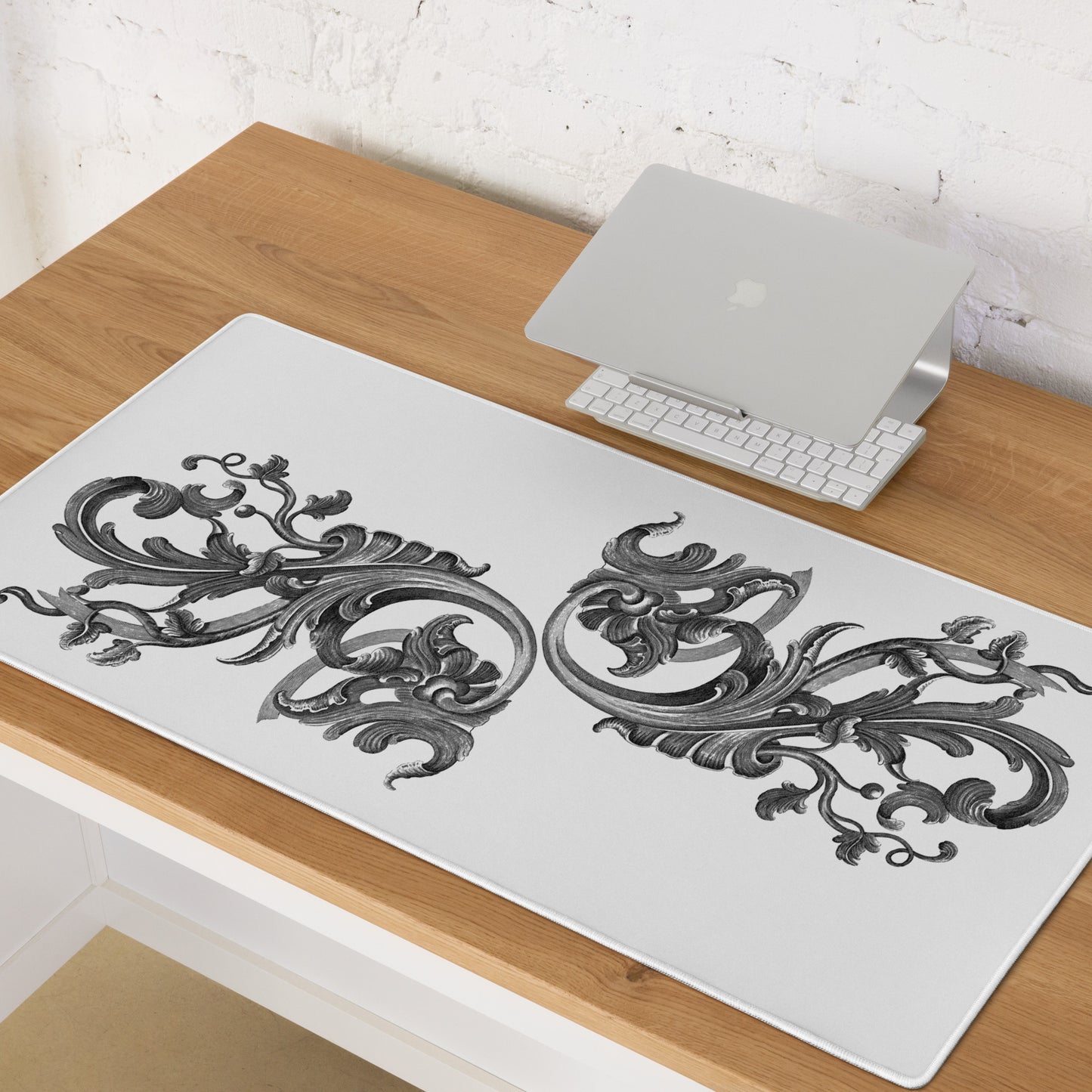 Art Nouveau Filigree Black White Desk Mat Large Laptop Gaming Mouse Pad 36″ × 18″