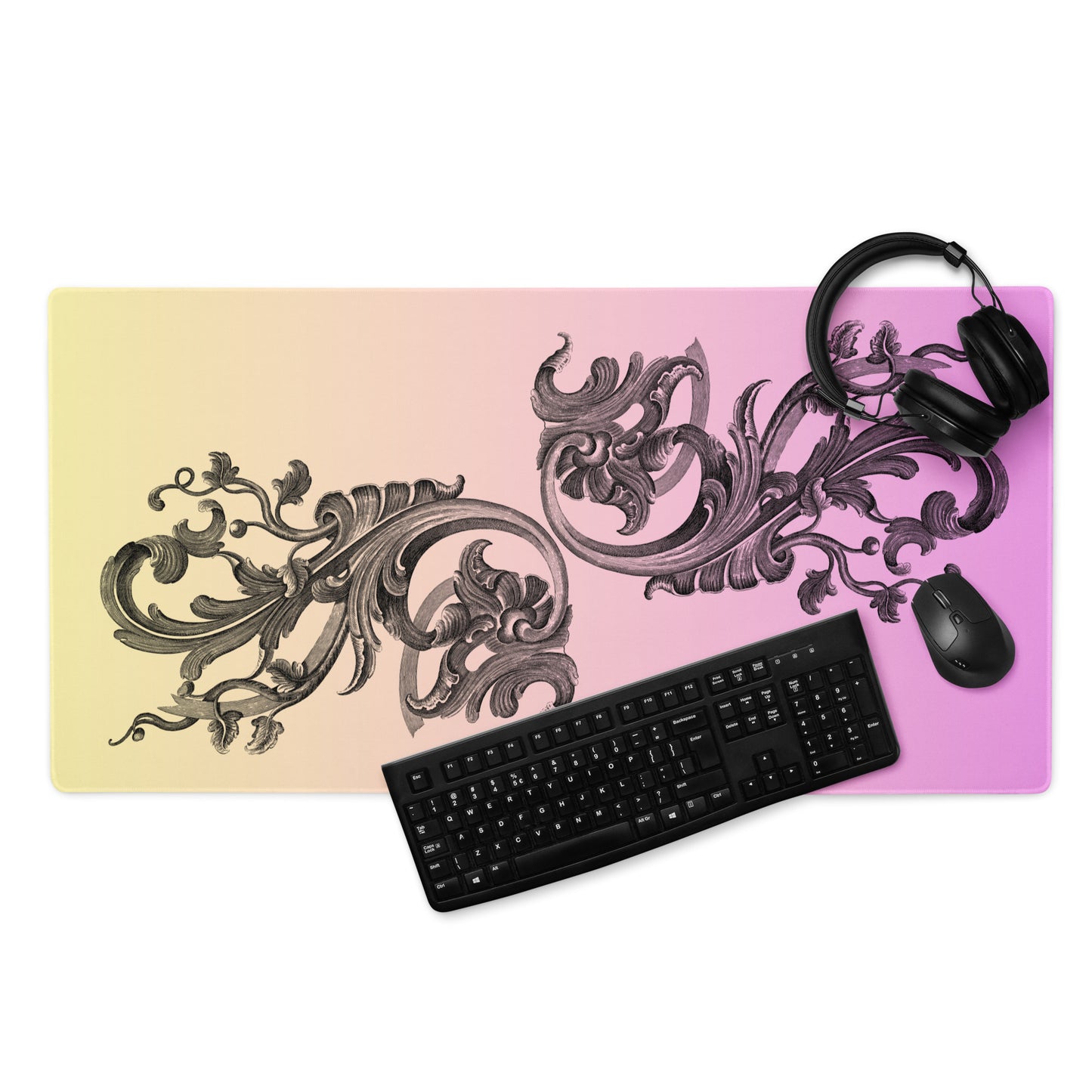 Art Nouveau Filigree Orange Yellow Pink Gradient Desk Mat Large Laptop Gaming Mouse Pad 36″ × 18″