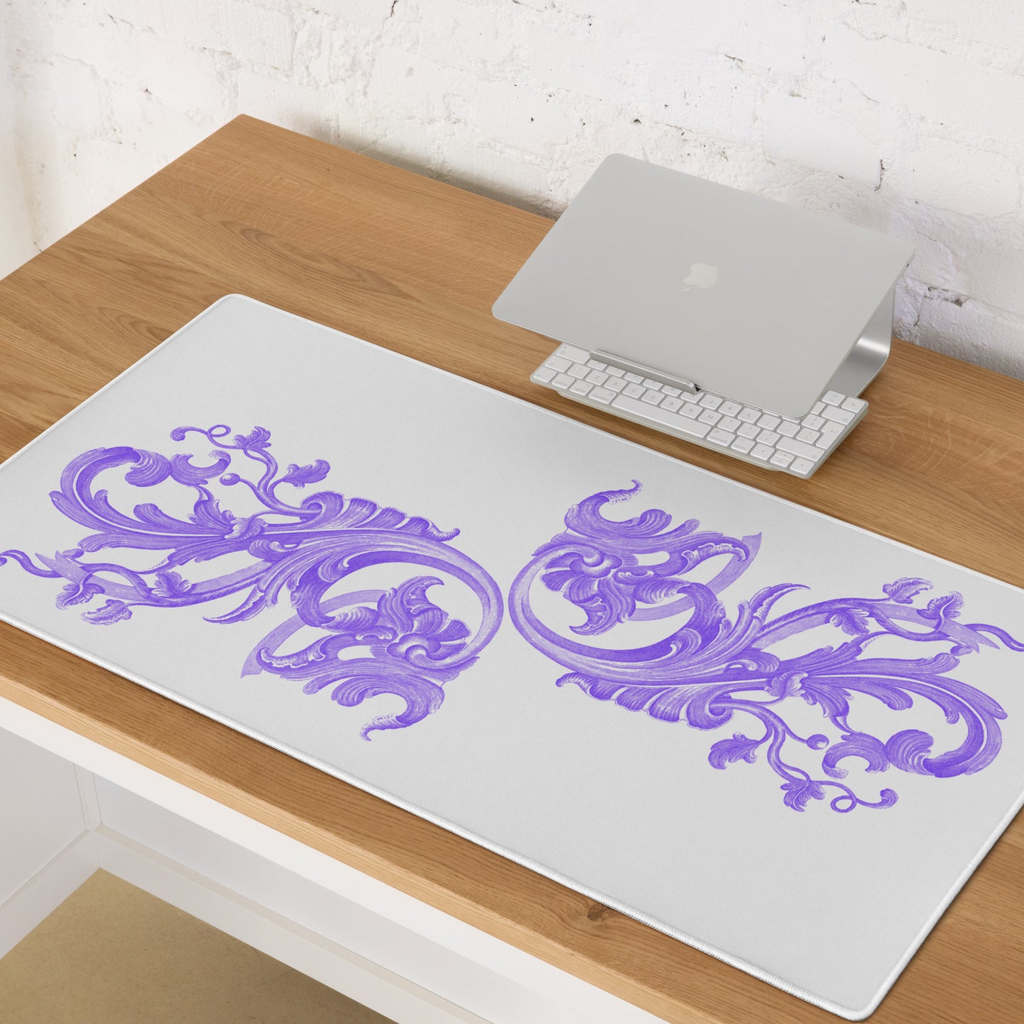 Art Nouveau Filigree Purple White Desk Mat Large Laptop Gaming Mouse Pad 36″ × 18″