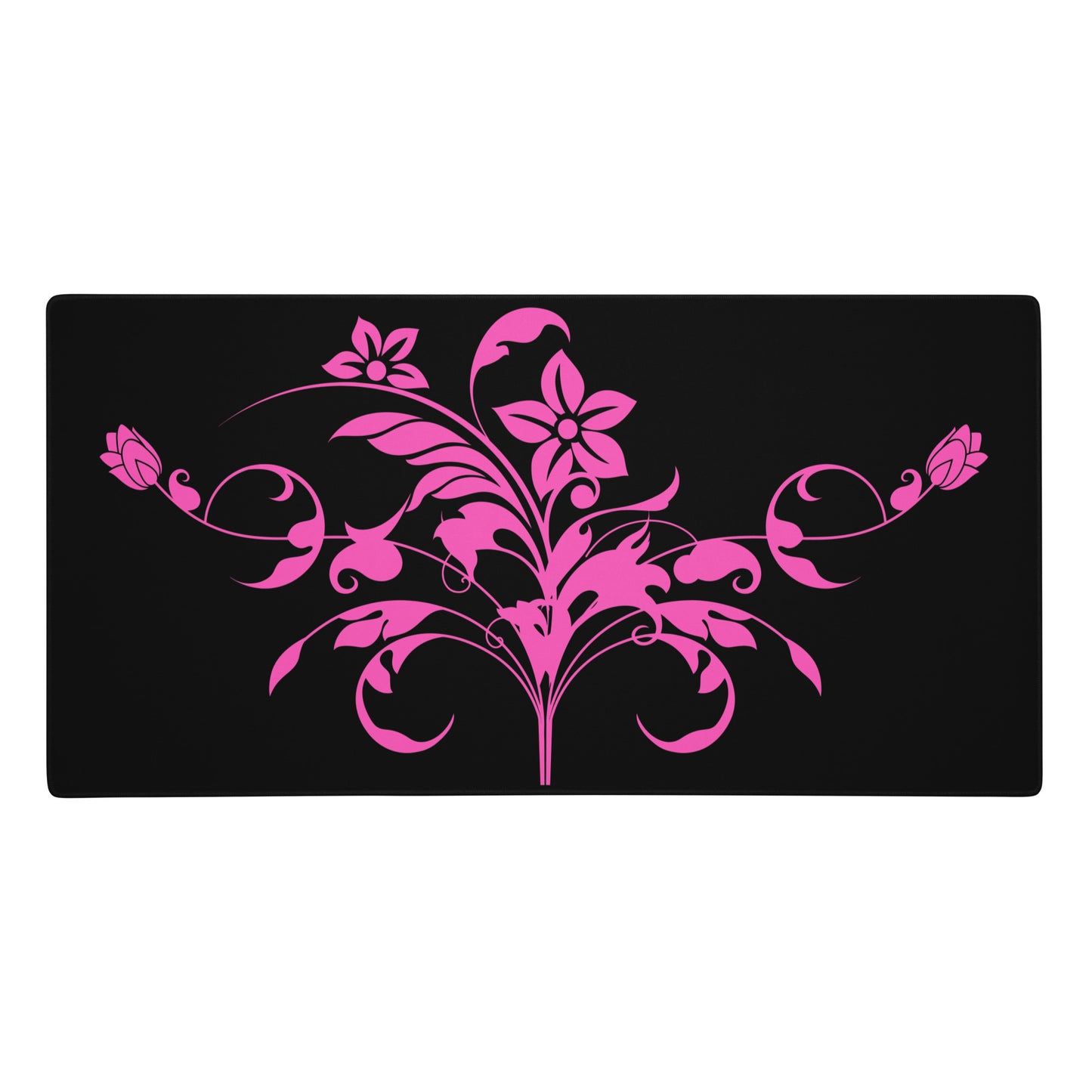 Pink Floral Filigree Bouquet Black Desk Mat Large Laptop Gaming Mouse Pad 36″ × 18″