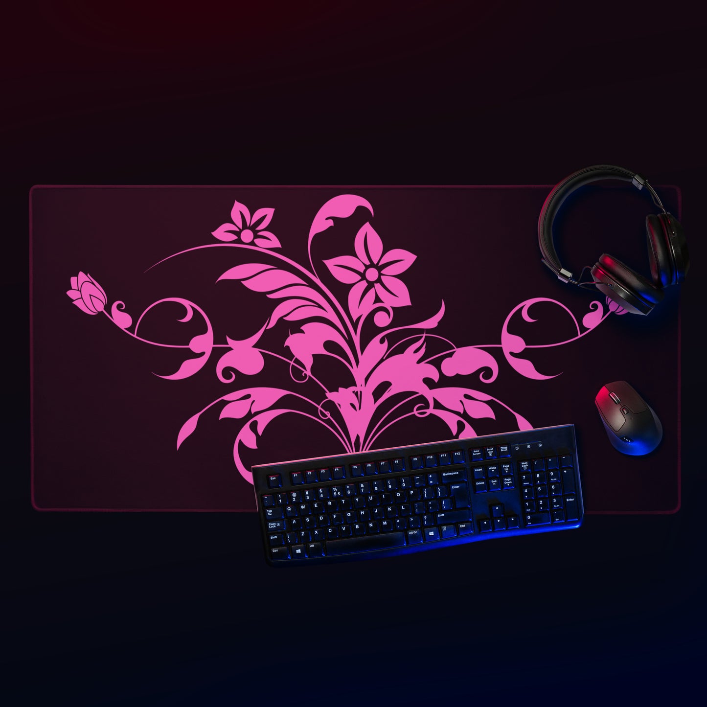 Pink Floral Filigree Bouquet Black Desk Mat Large Laptop Gaming Mouse Pad 36″ × 18″