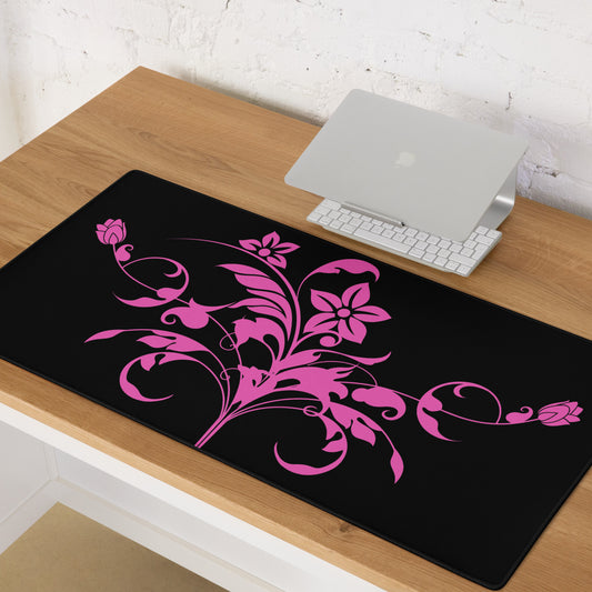 Pink Floral Filigree Bouquet Black Desk Mat Large Laptop Gaming Mouse Pad 36″ × 18″