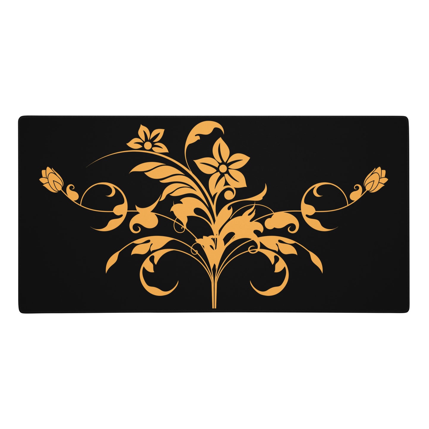 Orange Floral Filigree Bouquet Black Desk Mat Large Laptop Gaming Mouse Pad 36″ × 18″