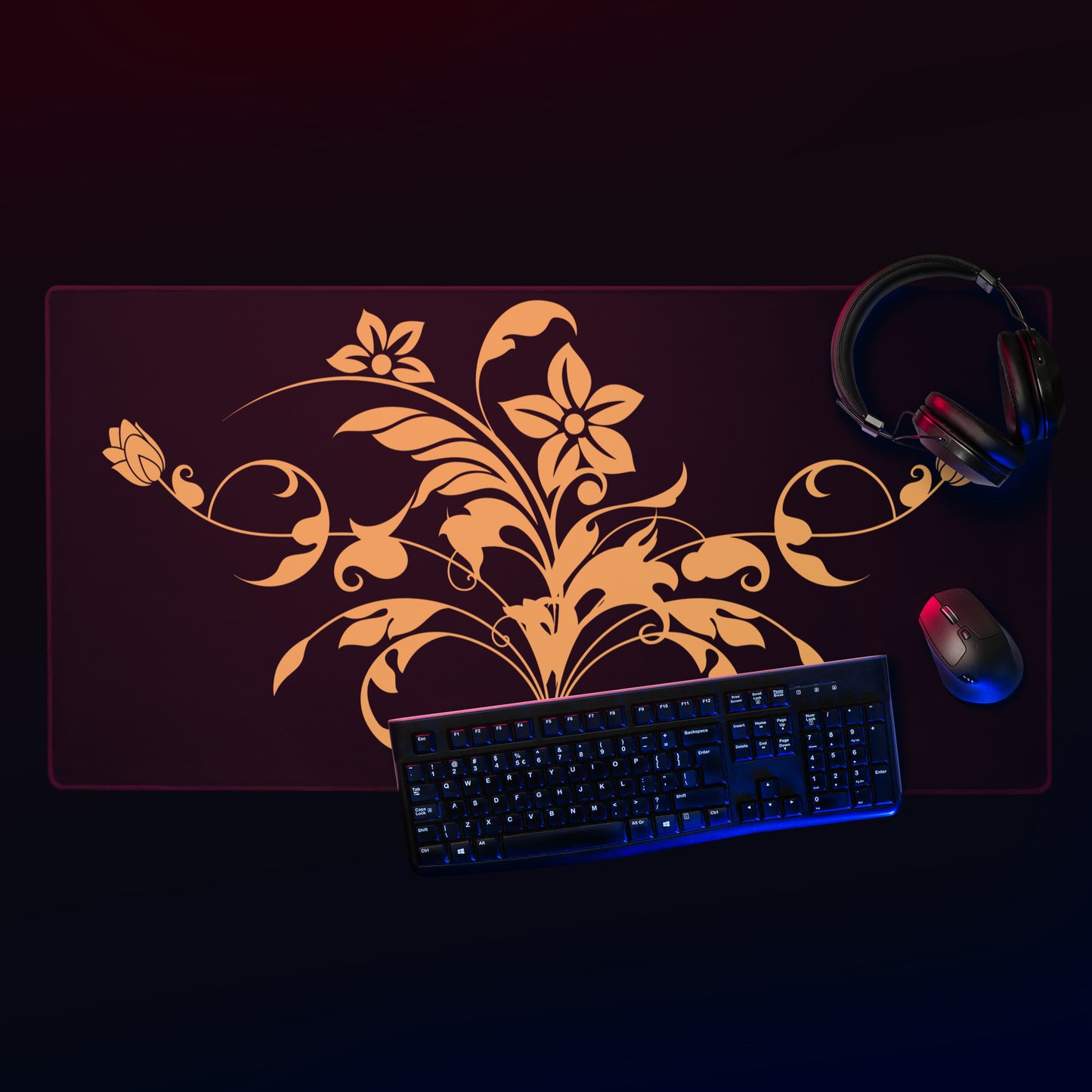 Orange Floral Filigree Bouquet Black Desk Mat Large Laptop Gaming Mouse Pad 36″ × 18″