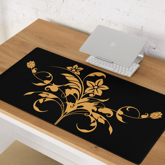 Orange Floral Filigree Bouquet Black Desk Mat Large Laptop Gaming Mouse Pad 36″ × 18″