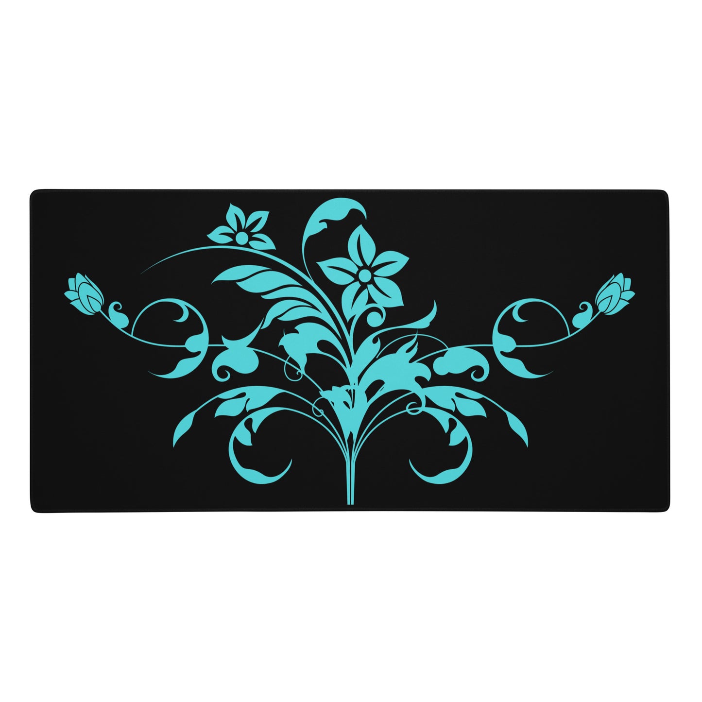 Blue Floral Filigree Bouquet Black Desk Mat Large Laptop Gaming Mouse Pad 36″ × 18″