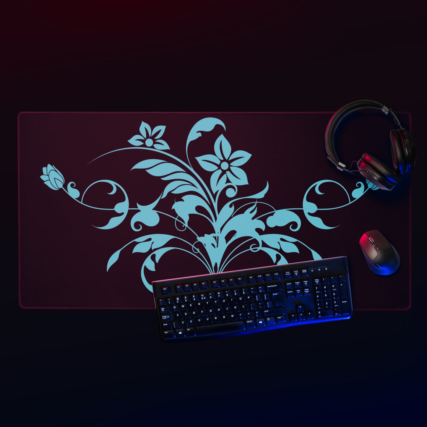 Blue Floral Filigree Bouquet Black Desk Mat Large Laptop Gaming Mouse Pad 36″ × 18″