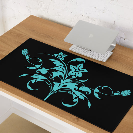 Blue Floral Filigree Bouquet Black Desk Mat Large Laptop Gaming Mouse Pad 36″ × 18″