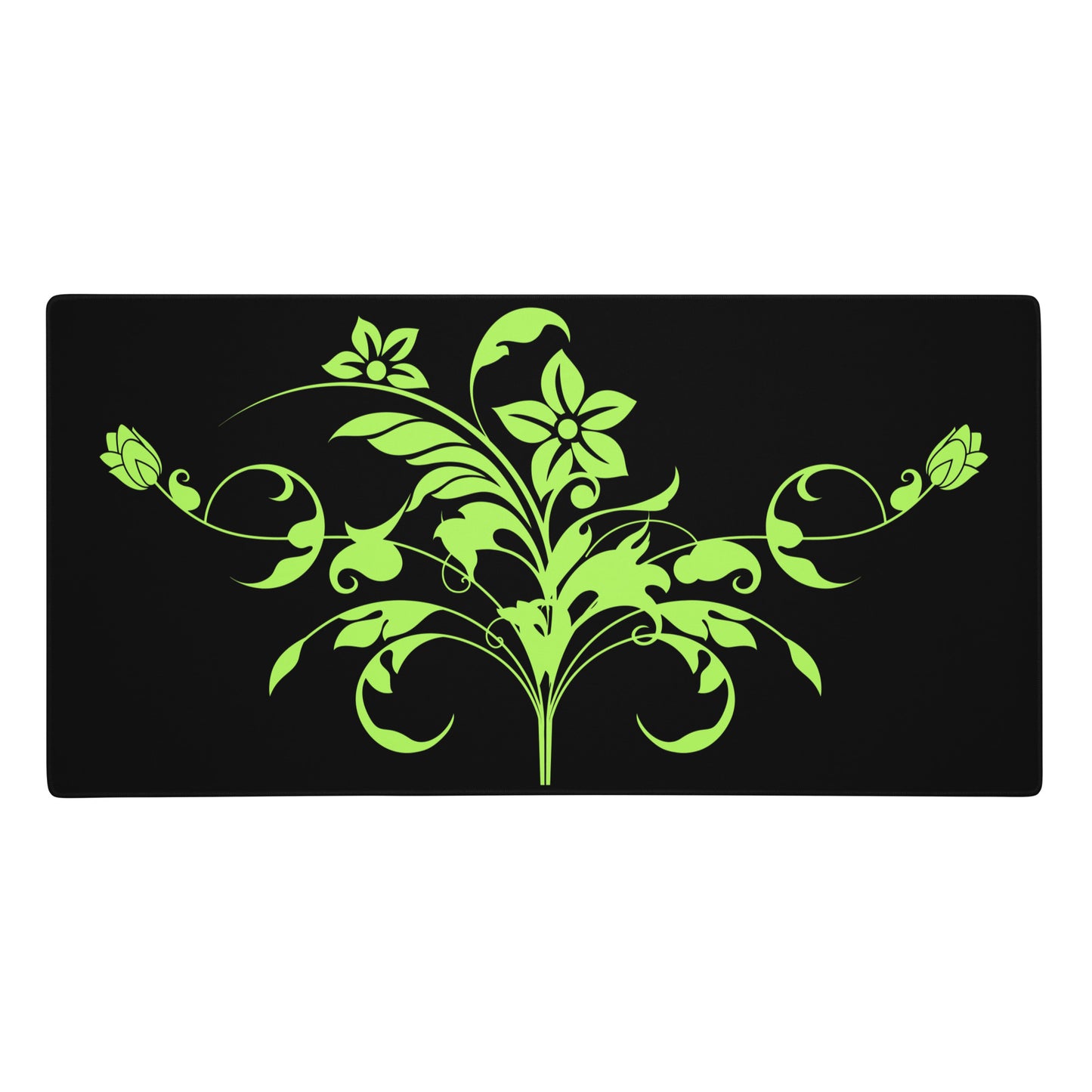 Green Floral Filigree Bouquet Black Desk Mat Large Laptop Gaming Mouse Pad 36″ × 18″