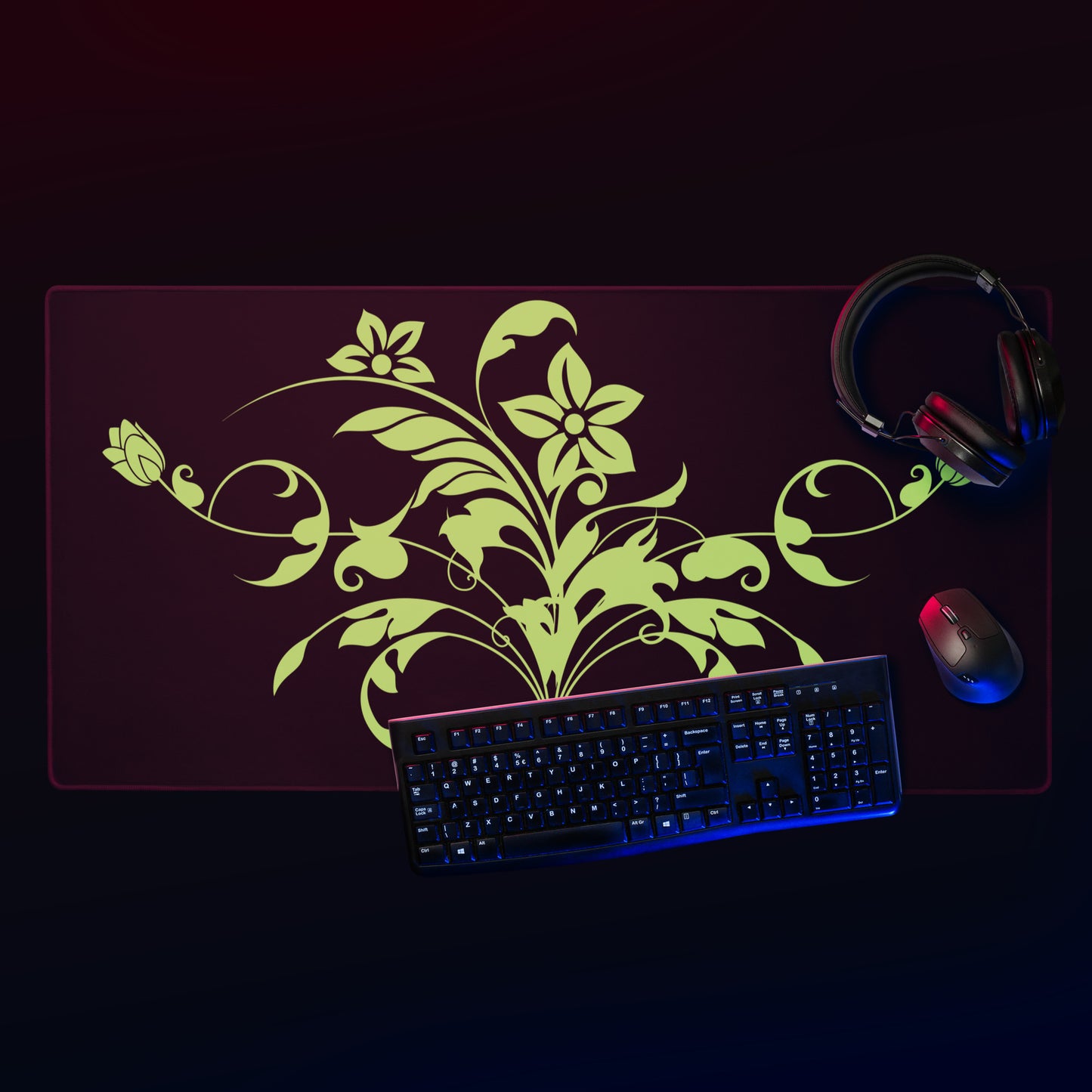 Green Floral Filigree Bouquet Black Desk Mat Large Laptop Gaming Mouse Pad 36″ × 18″