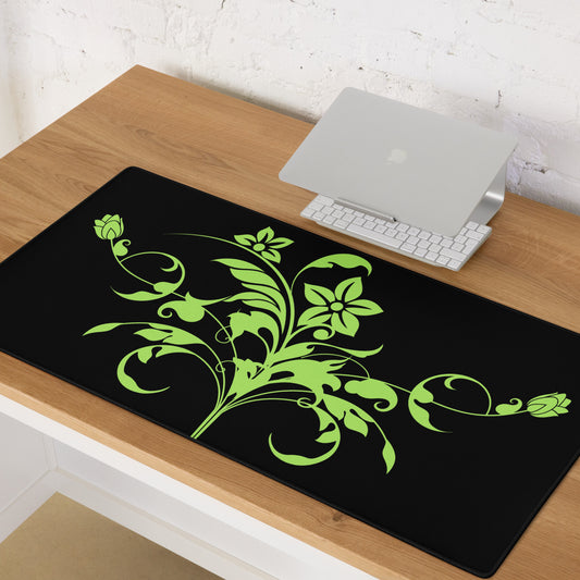 Green Floral Filigree Bouquet Black Desk Mat Large Laptop Gaming Mouse Pad 36″ × 18″