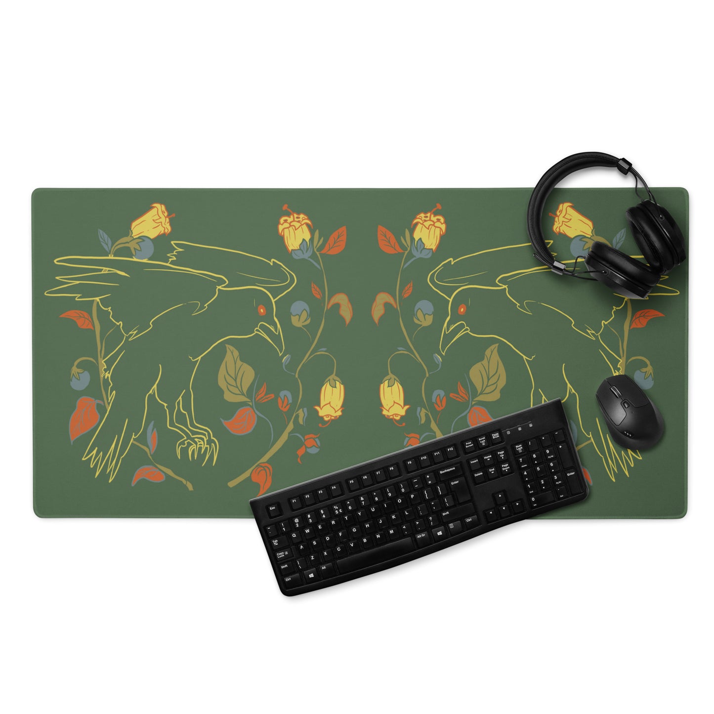 Retro Style Raven Bird Desk Mat Large Laptop Gaming Mouse Pad 36″ × 18″