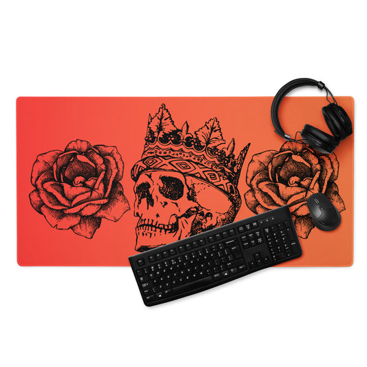 Crowned Skull & Flowers Red Orange Gradient Desk Mat Large Laptop Gaming Mouse Pad 36″ × 18″