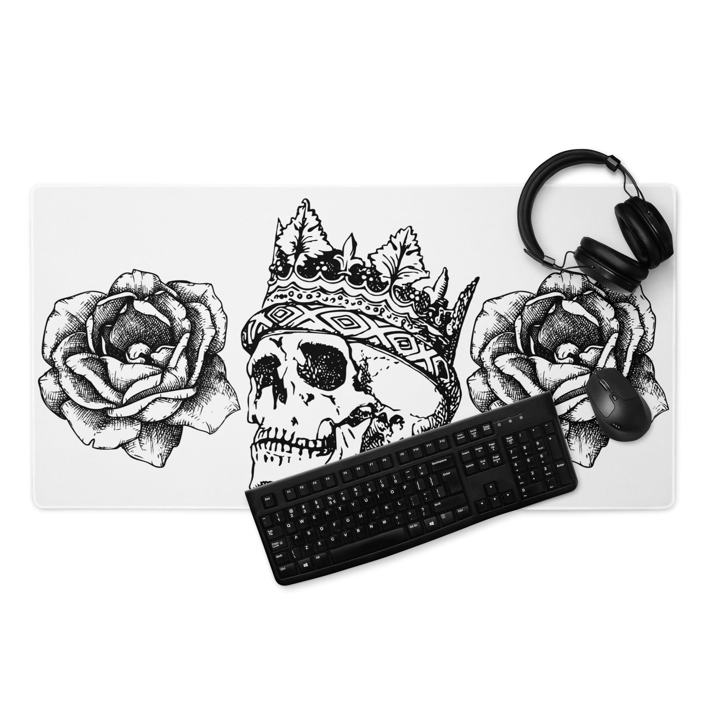 Crowned Skull & Flowers White Desk Mat Large Laptop Gaming Mouse Pad 36″ × 18″