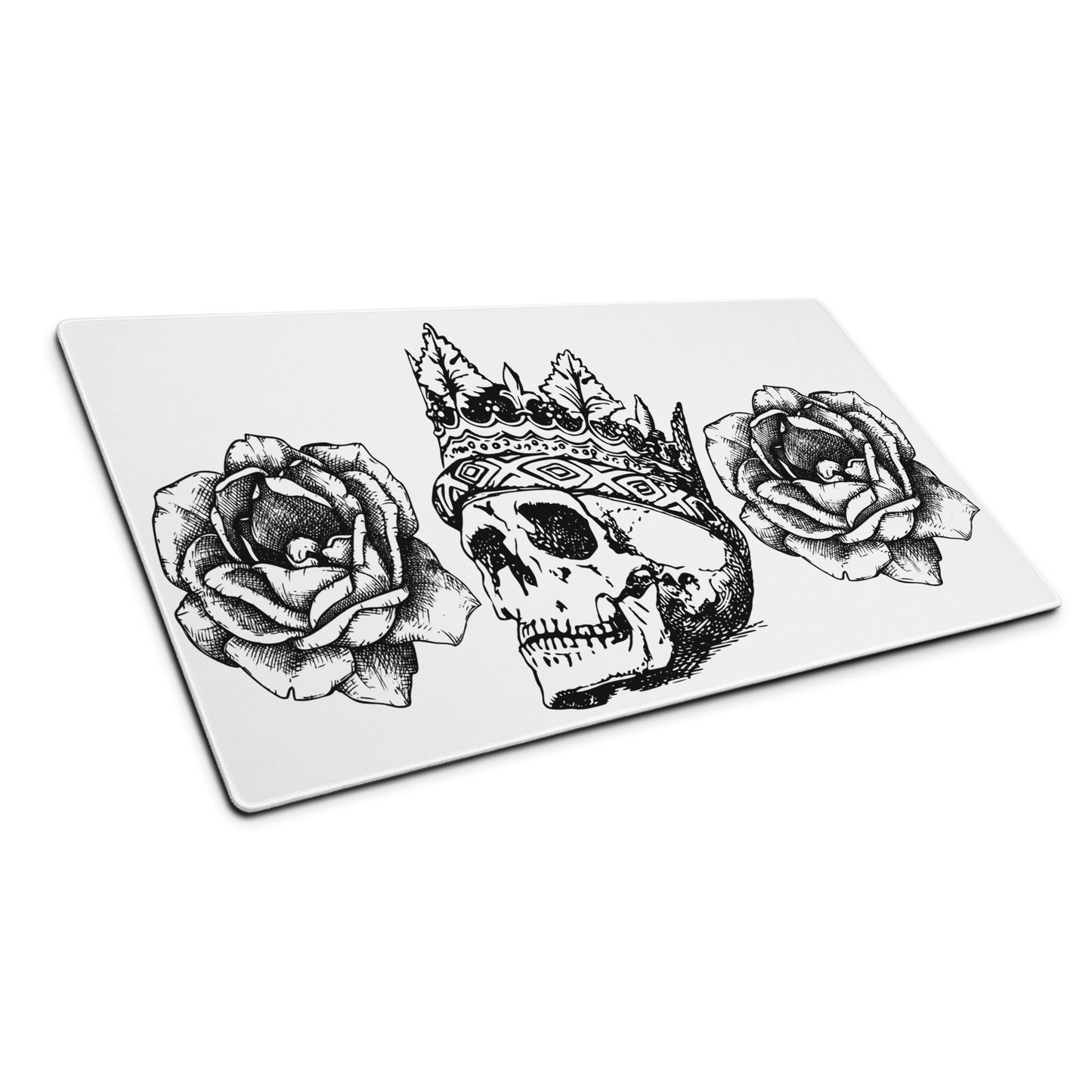 Crowned Skull & Flowers White Desk Mat Large Laptop Gaming Mouse Pad 36″ × 18″