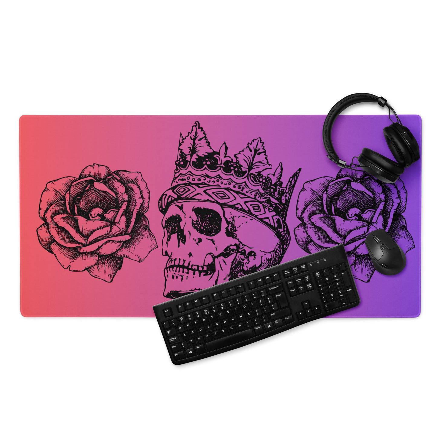 Crowned Skull & Flowers Pink Purple Gradient Desk Mat Large Laptop Gaming Mouse Pad 36″ × 18″