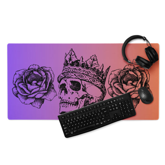 Crowned Skull & Flowers Purple Orange Gradient Desk Mat Large Laptop Gaming Mouse Pad 36″ × 18″