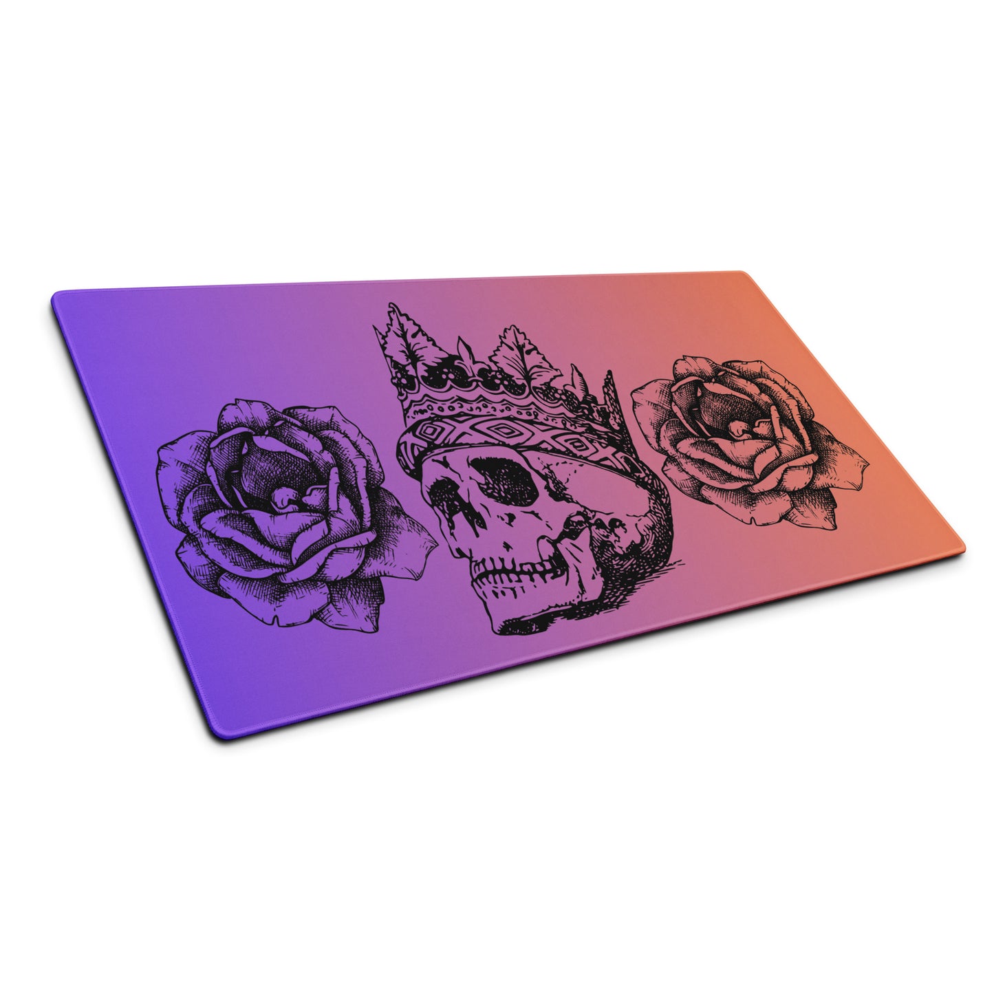 Crowned Skull & Flowers Purple Orange Gradient Desk Mat Large Laptop Gaming Mouse Pad 36″ × 18″