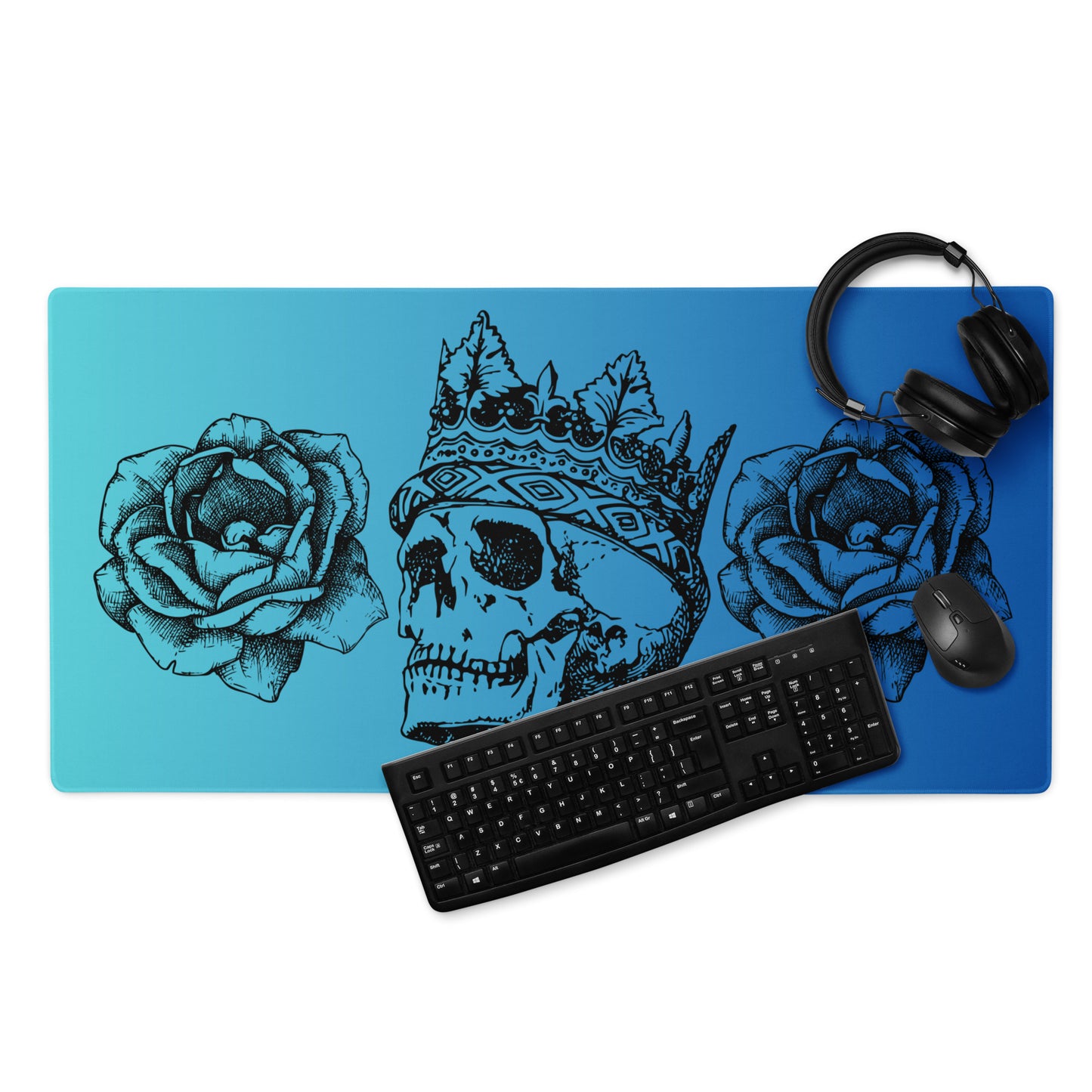 Crowned Skull & Flowers Blue Gradient Desk Mat Large Laptop Gaming Mouse Pad 36″ × 18″