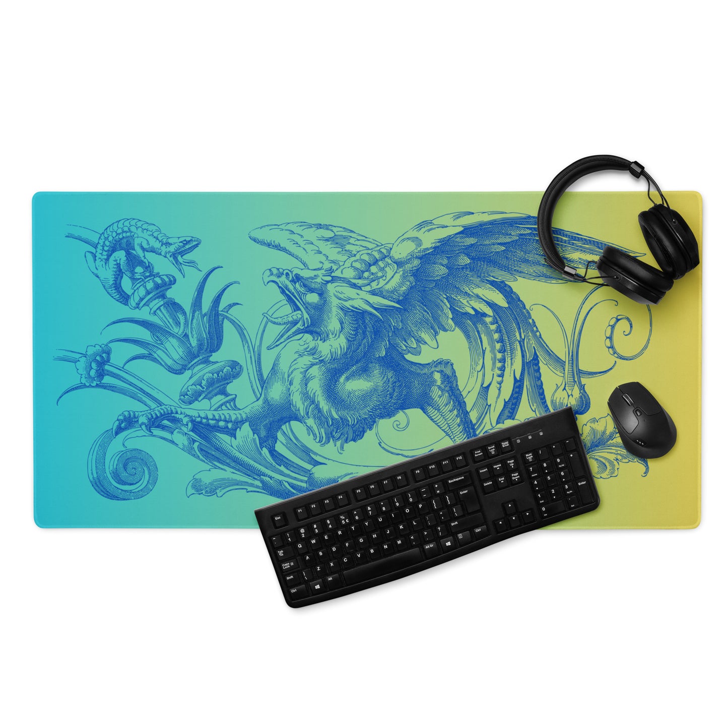 Blue Gryphon Teal Yellow Gradient Desk Mat Large Laptop Gaming Mouse Pad 36″ × 18″