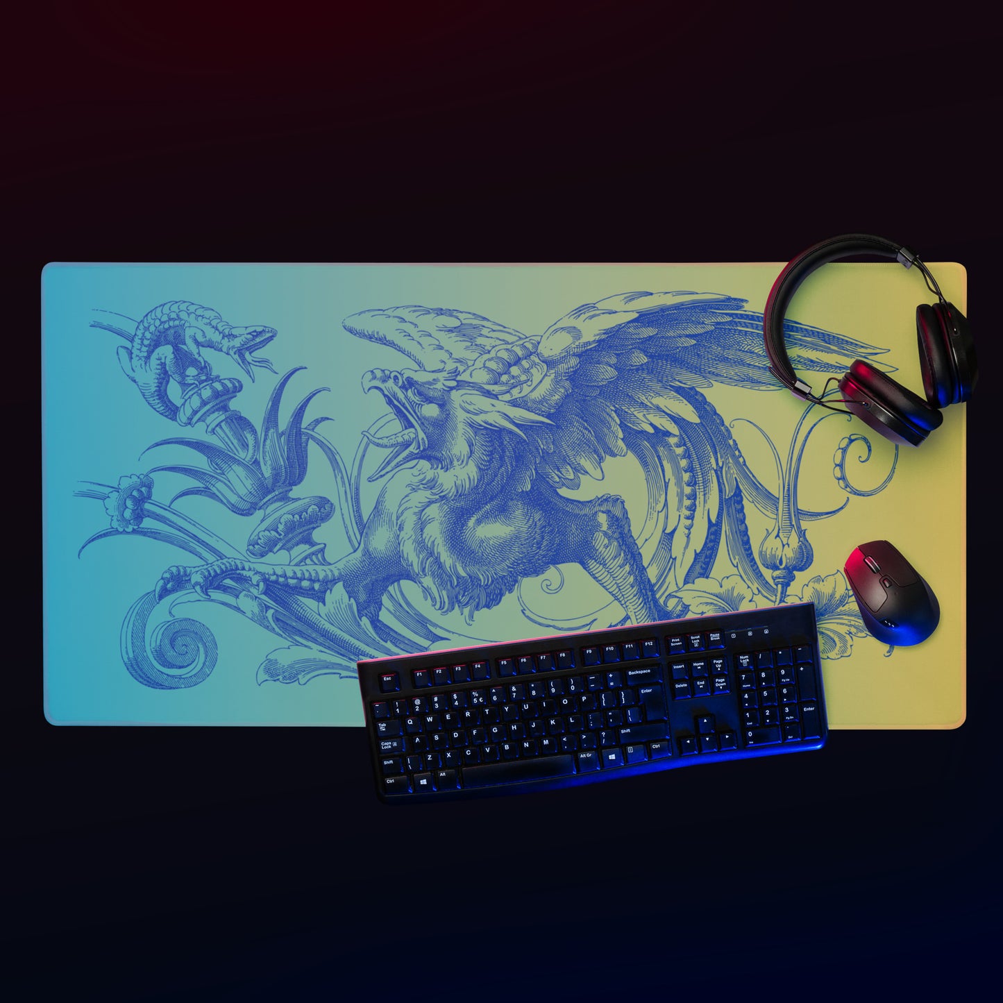 Blue Gryphon Teal Yellow Gradient Desk Mat Large Laptop Gaming Mouse Pad 36″ × 18″