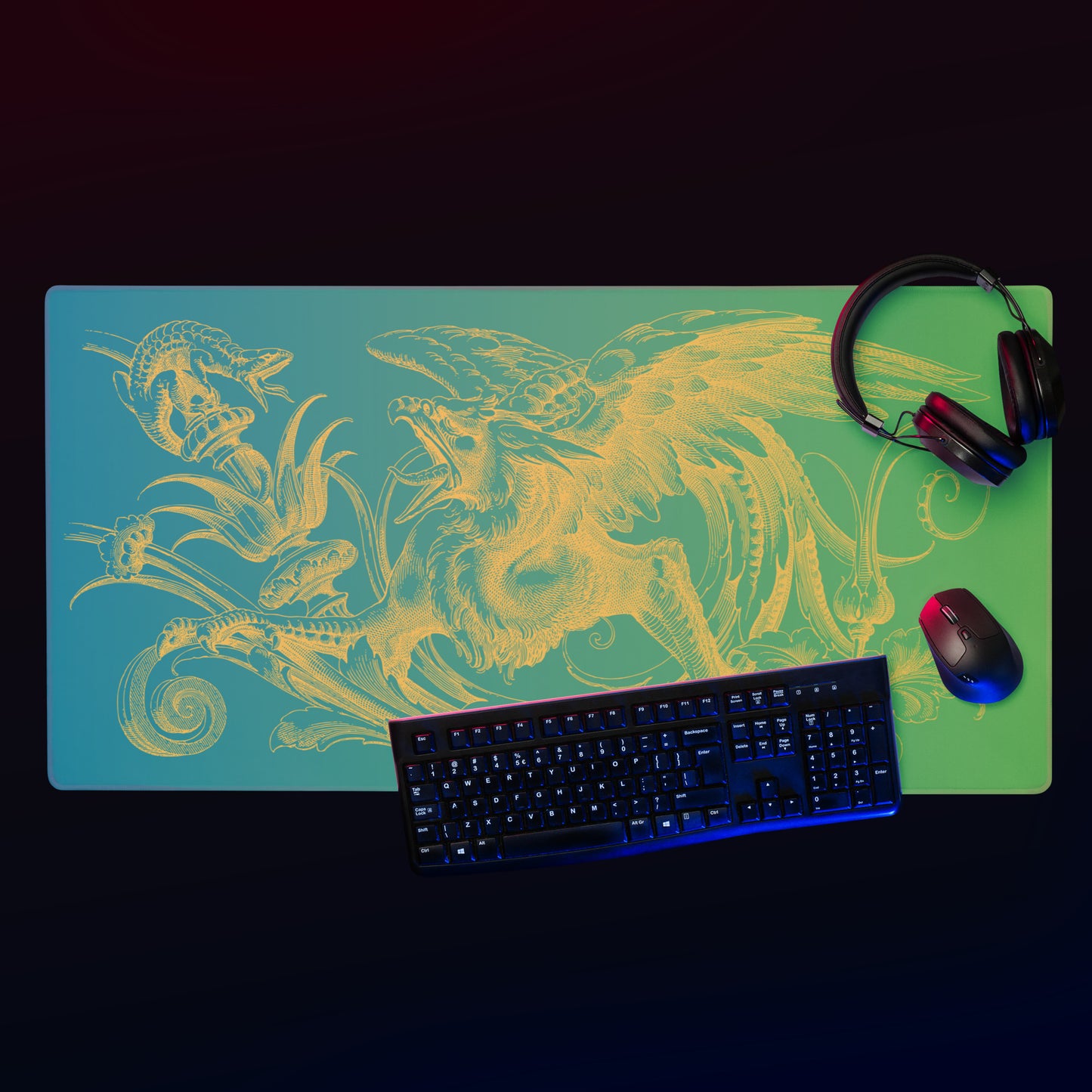 Yellow Gryphon Green Gradient Desk Mat Large Laptop Gaming Mouse Pad 36″ × 18″