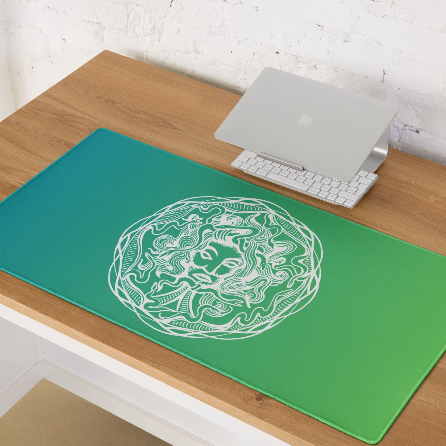 Medusa Circle Emblem Design Green Gradient Desk Mat Large Laptop Gaming Mouse Pad 36″ × 18″