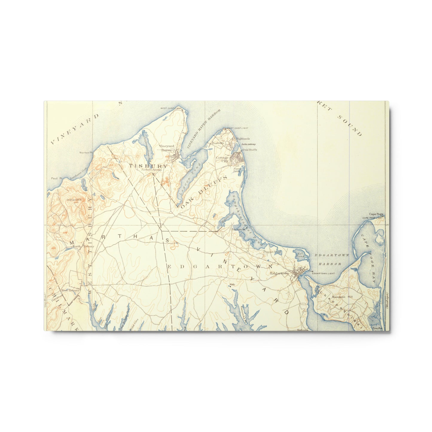 Metal Print 24″×36″ Marthas Vineyard MA 1887 Horizontal Historical Map