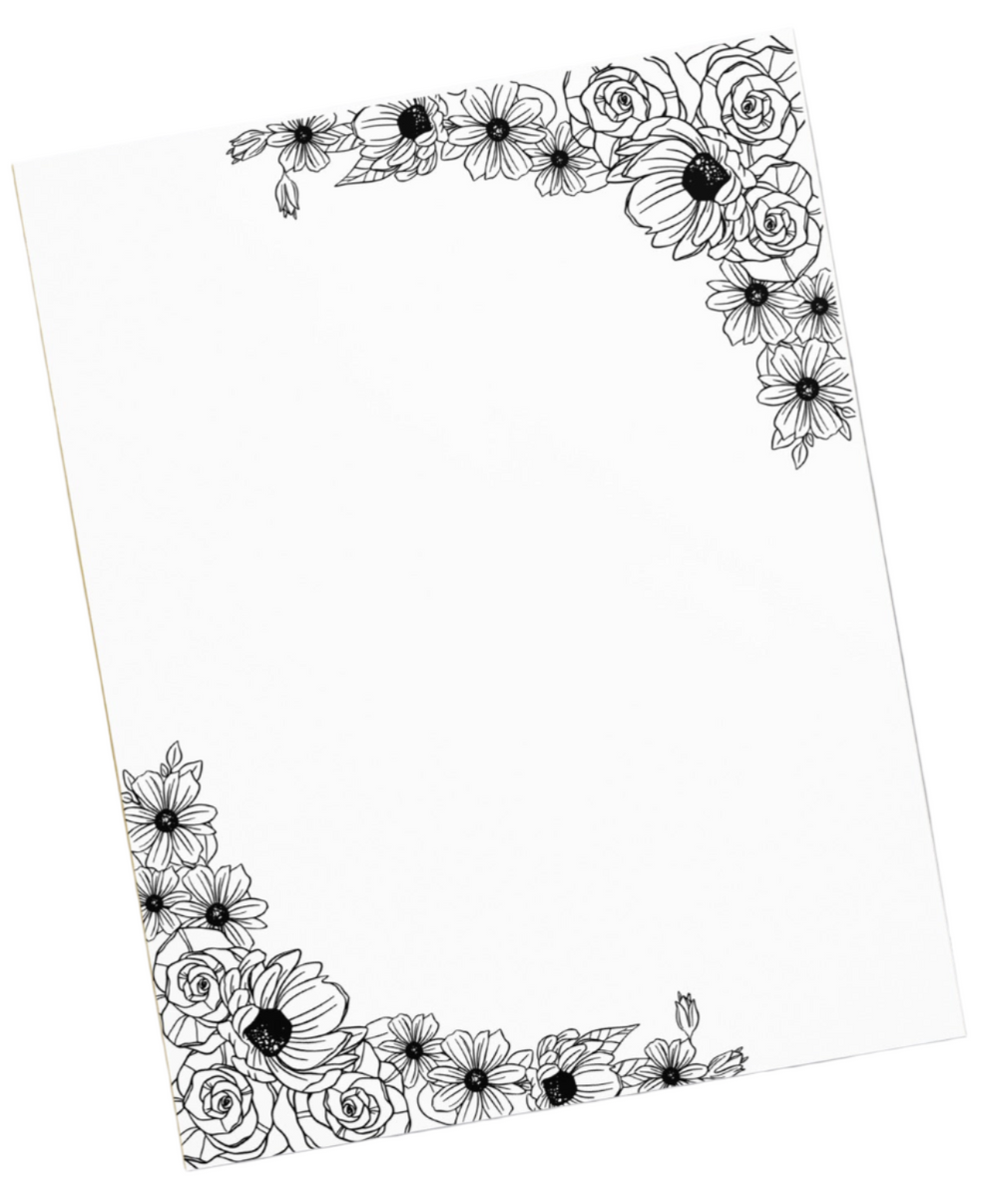 Black Floral Large Notepad 11″ x 8.5″ Stationery 40 tearaway pages