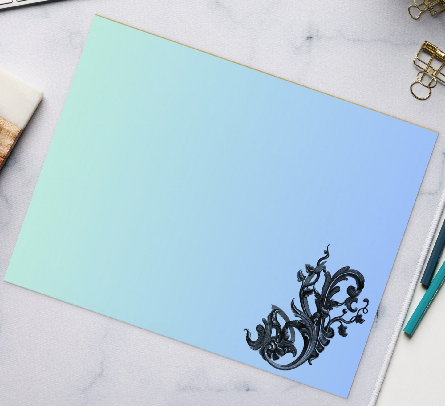 Art Nouveau Filigree Green Blue Gradient Large Notepad 11″ x 8.5″ Stationery 40 single-sided tear-away pages