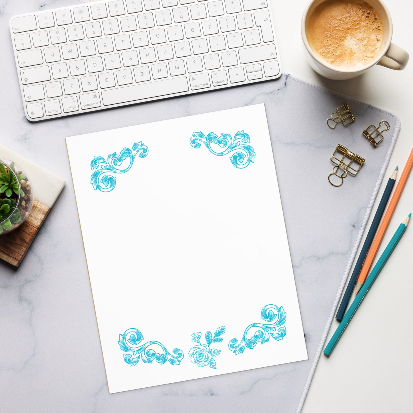 Blue Flower Filigree Design Large Notepad 11″ x 8.5″ Stationery 40 single-sided tear-away pages