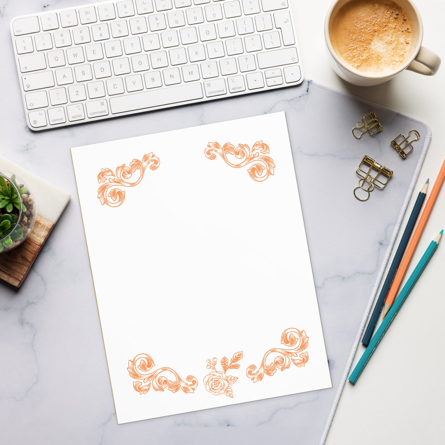 Orange Flower Filigree Design Large Notepad 11″ x 8.5″ Stationery 40 single-sided tear-away pages