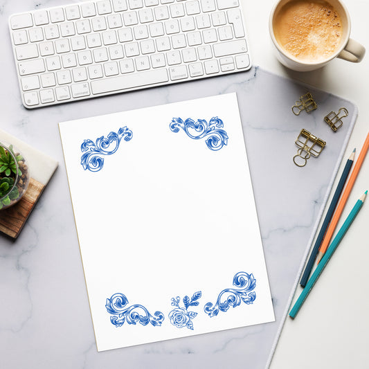 Deep Blue Flower Filigree Design Large Notepad 11″ x 8.5″ Stationery 40 single-sided tear-away pages