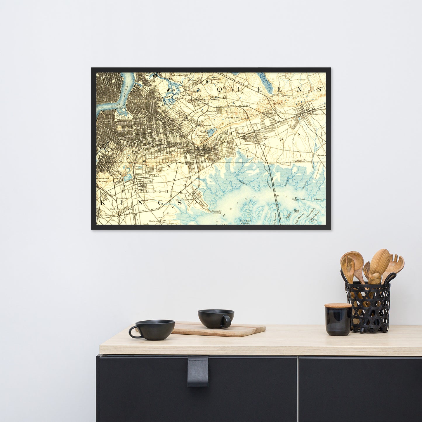 Framed Poster 24″×36″ Brooklyn NY 1889 Historical Map Horizontal Black, Red Oak or White Frame