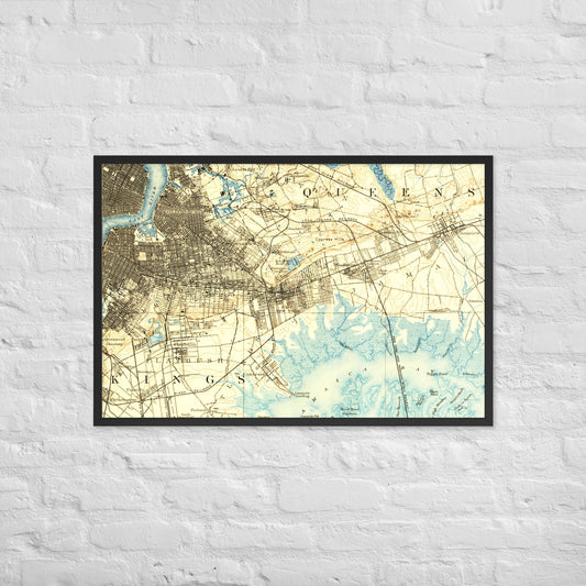 Framed Poster 24″×36″ Brooklyn NY 1889 Historical Map Horizontal Black, Red Oak or White Frame