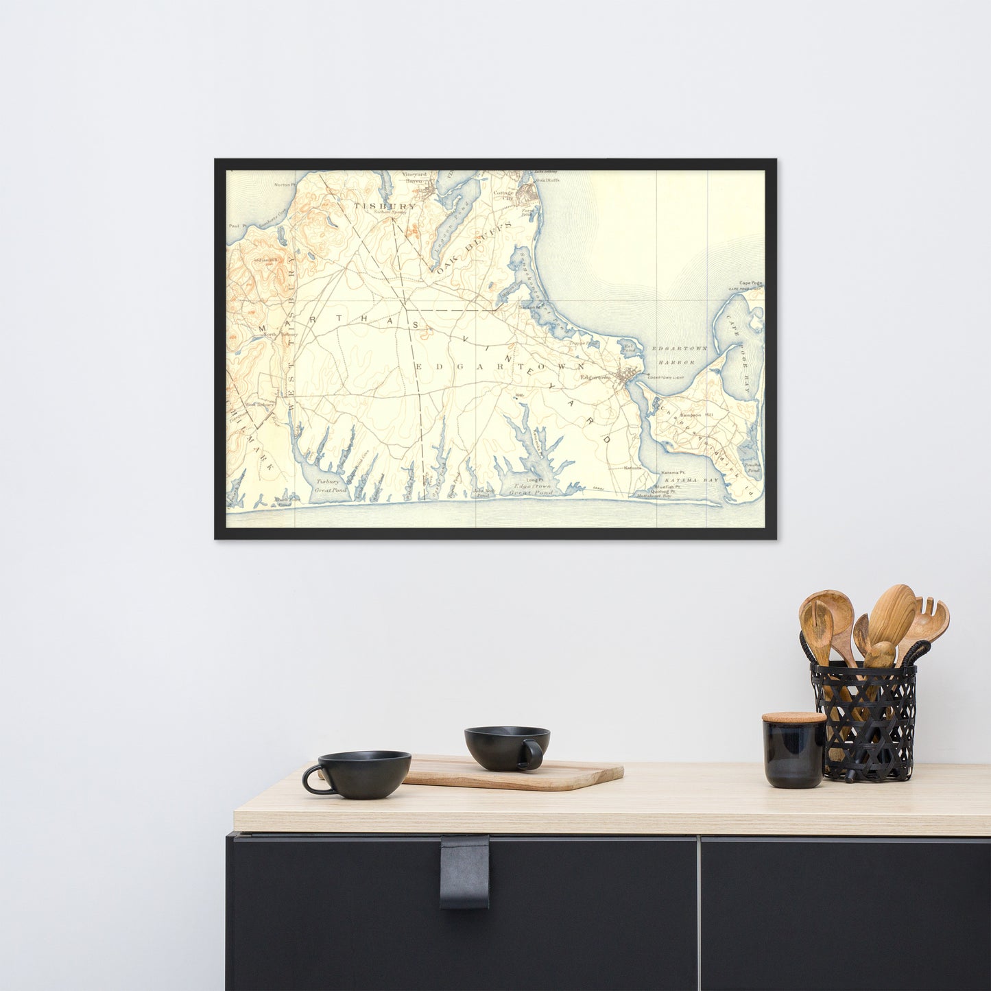 Framed Poster 24″×36″ Marthas Vineyard MA 1887 Historical Map Horizontal Black, Red Oak or White Frame
