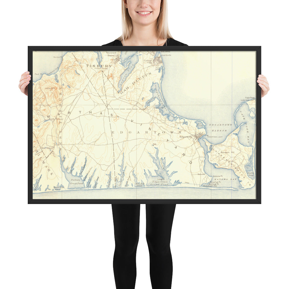 Framed Poster 24″×36″ Marthas Vineyard MA 1887 Historical Map Horizontal Black, Red Oak or White Frame