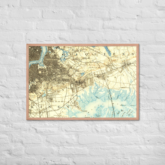Framed Poster 24″×36″ Brooklyn NY 1889 Historical Map Horizontal Black, Red Oak or White Frame
