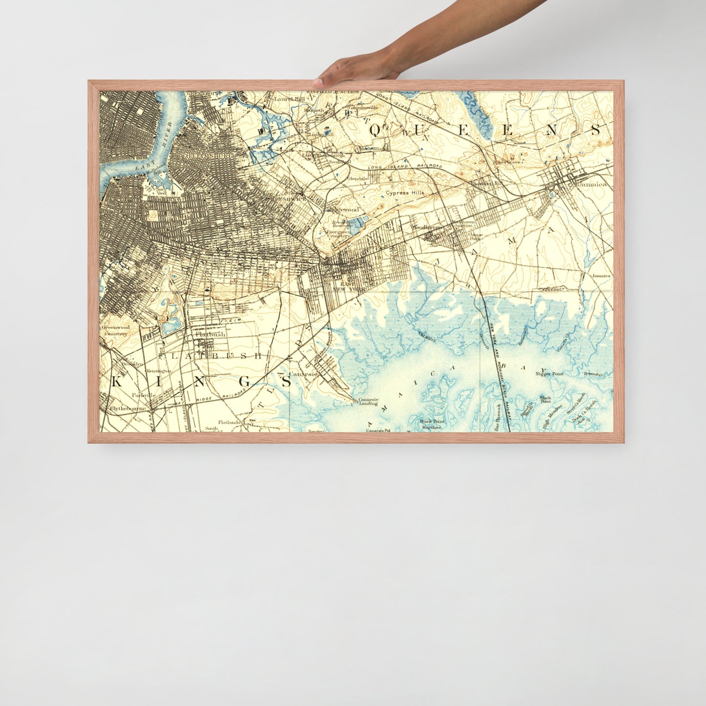 Framed Poster 24″×36″ Brooklyn NY 1889 Historical Map Horizontal Black, Red Oak or White Frame