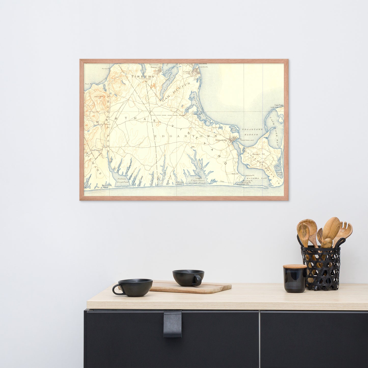 Framed Poster 24″×36″ Marthas Vineyard MA 1887 Historical Map Horizontal Black, Red Oak or White Frame