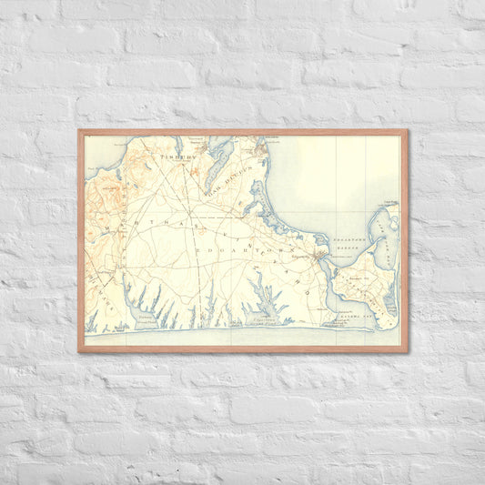 Framed Poster 24″×36″ Marthas Vineyard MA 1887 Historical Map Horizontal Black, Red Oak or White Frame