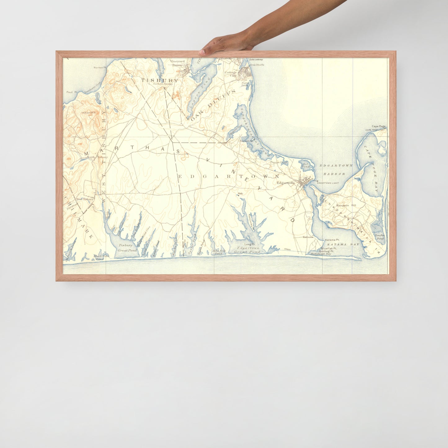 Framed Poster 24″×36″ Marthas Vineyard MA 1887 Historical Map Horizontal Black, Red Oak or White Frame