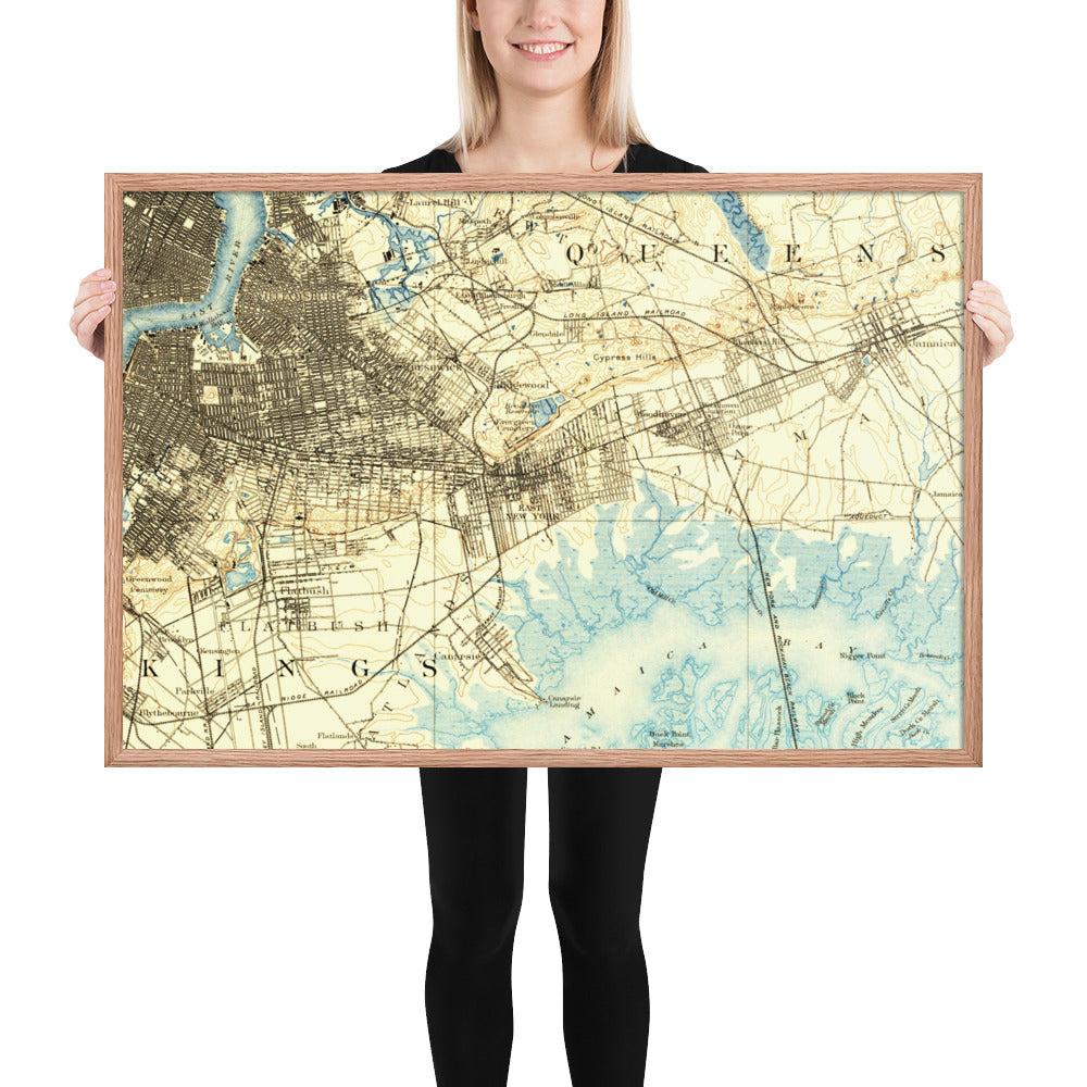 Framed Poster 24″×36″ Brooklyn NY 1889 Historical Map Horizontal Black, Red Oak or White Frame