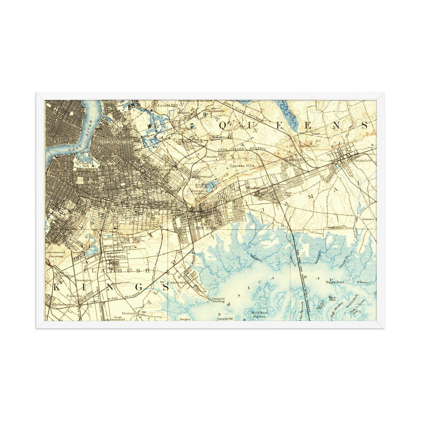 Framed Poster 24″×36″ Brooklyn NY 1889 Historical Map Horizontal Black, Red Oak or White Frame