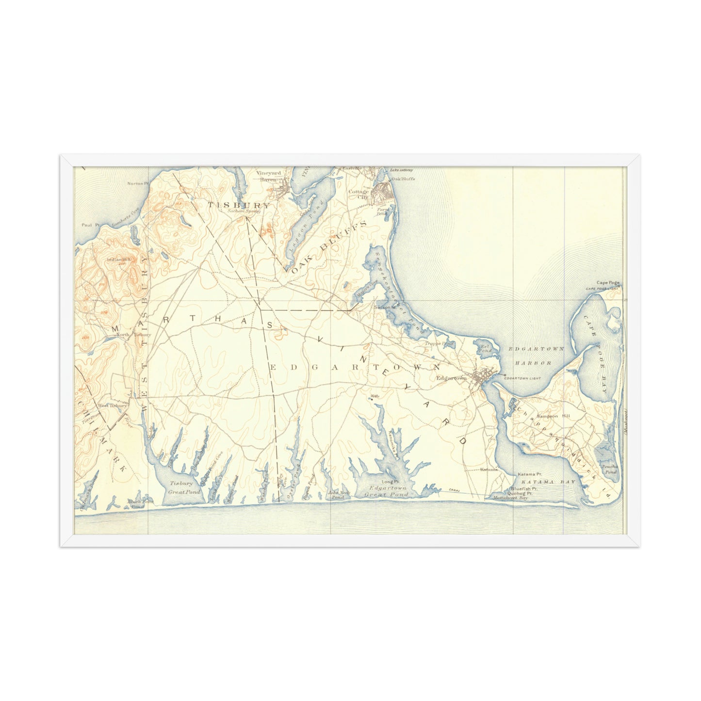Framed Poster 24″×36″ Marthas Vineyard MA 1887 Historical Map Horizontal Black, Red Oak or White Frame