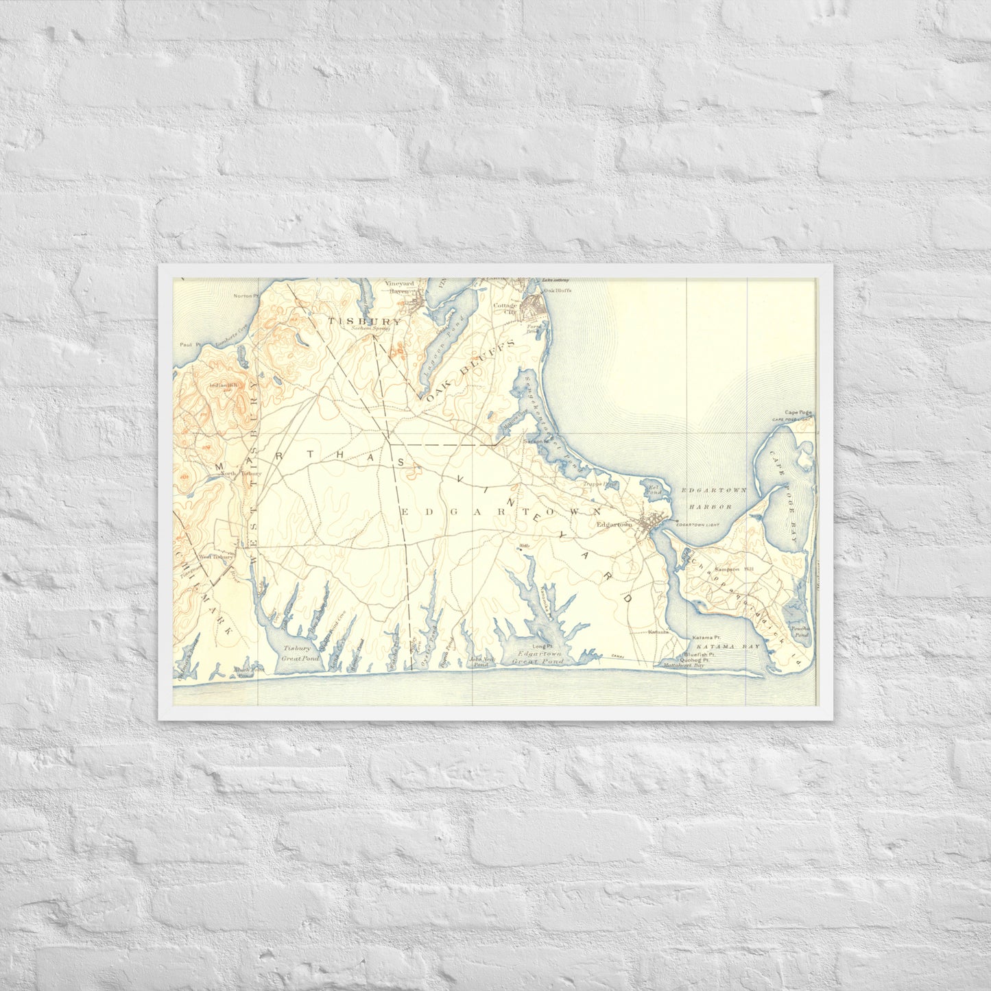 Framed Poster 24″×36″ Marthas Vineyard MA 1887 Historical Map Horizontal Black, Red Oak or White Frame