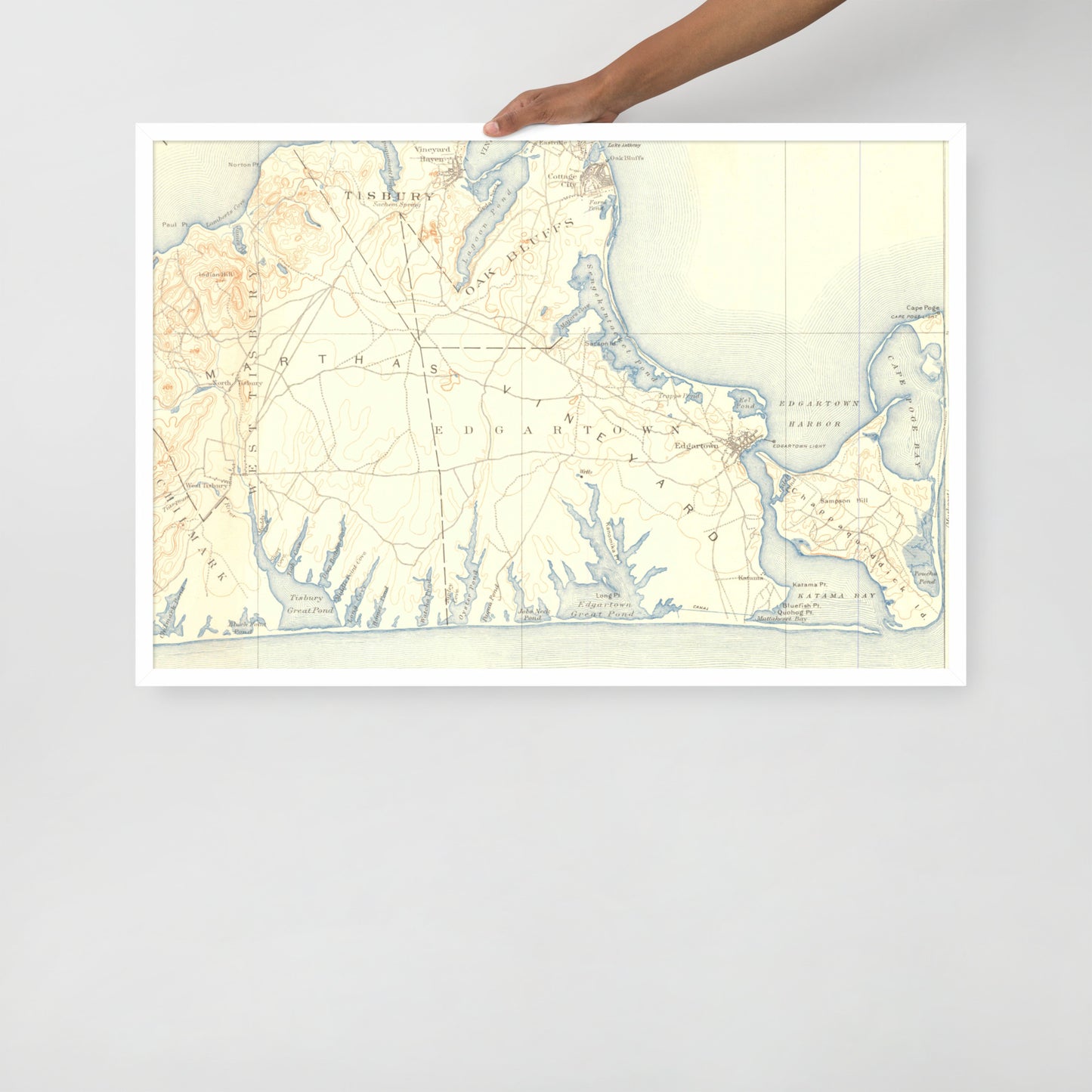 Framed Poster 24″×36″ Marthas Vineyard MA 1887 Historical Map Horizontal Black, Red Oak or White Frame