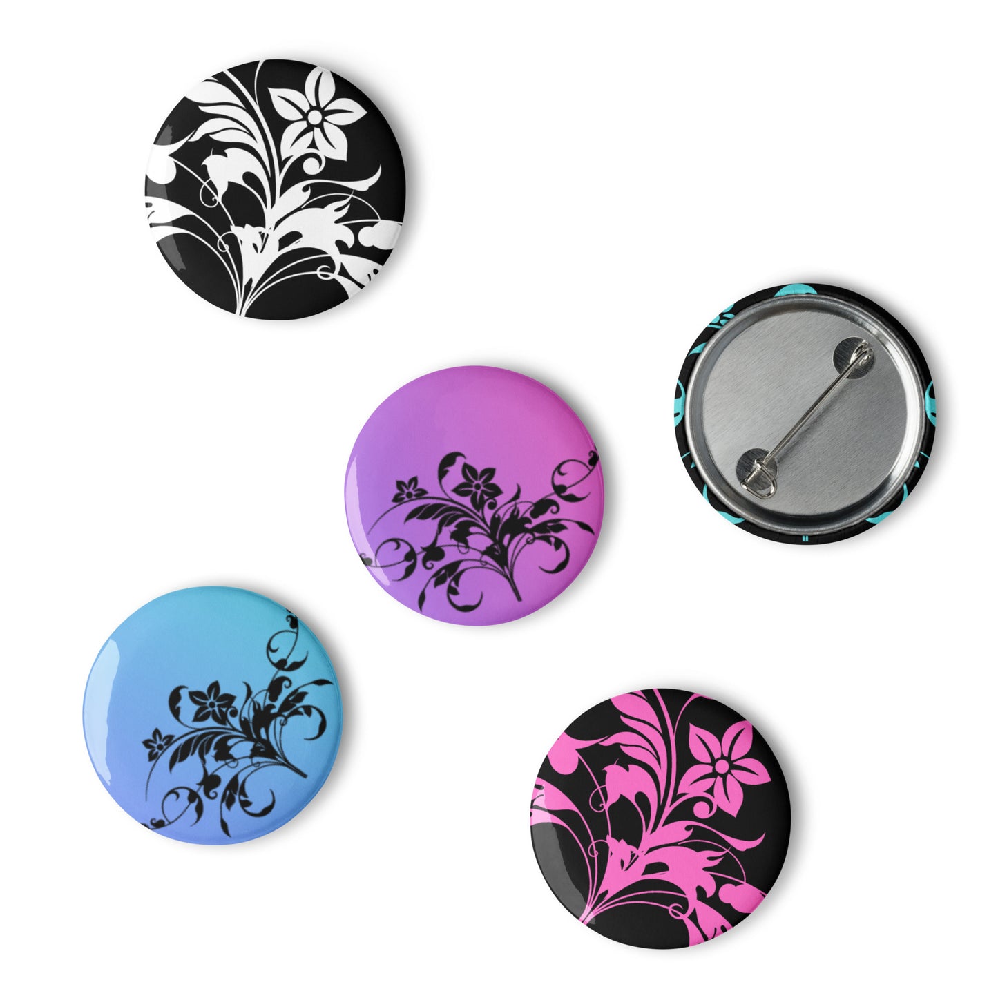 Floral Filigree Bouquet Design Pin Button Set of 5 (1.25″) Pink Blue Green